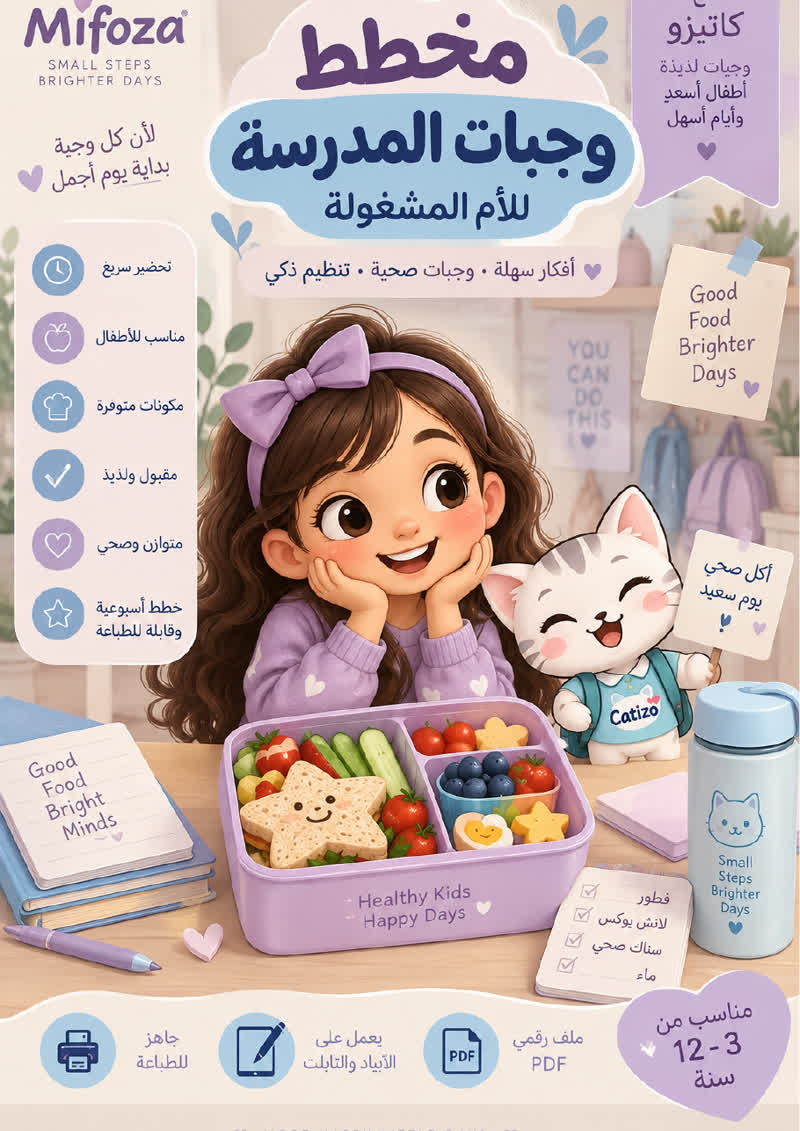غلاف مخطط وجبات المدرسة من ميفوزا لتنظيم الفطور واللانش بوكس 4 أسابيع